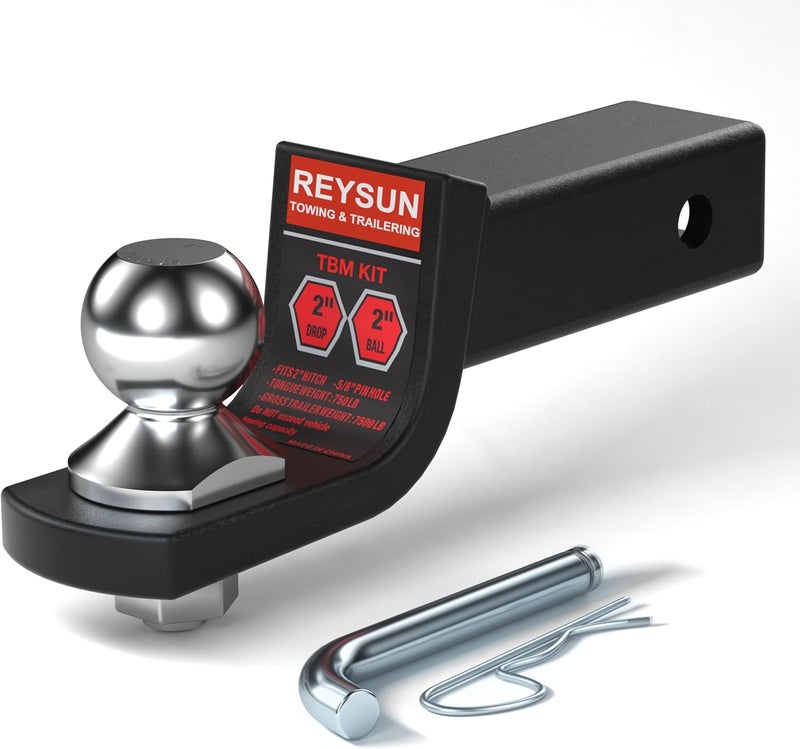 REYSUN 2-inch Drop Trailer Hitch Ball Mount Kit - 2-inch Trailer Ball and 5/8-inch Hitch Pin Kit, Fits 2-inch Hitch Receiver,7,500lbs Capacity, Matte Black - Image 1